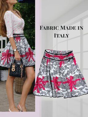 Printed Ribbon Lace Trim Flare Skirt Pink Black White Size 55-6
